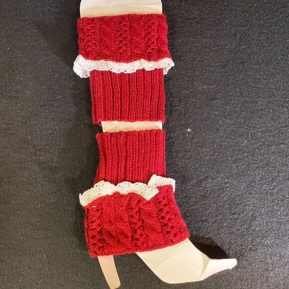 Red Knit Boot Cuffs with Lace Trim - Picture 2 of 2